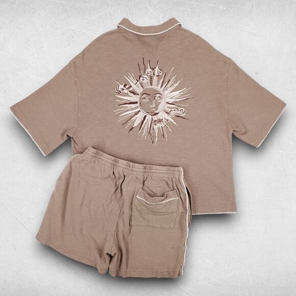 Zara Cardigan & Short Set Women L Brown Embroidered Trim Button Up Boho Casual - Picture 2 of 16